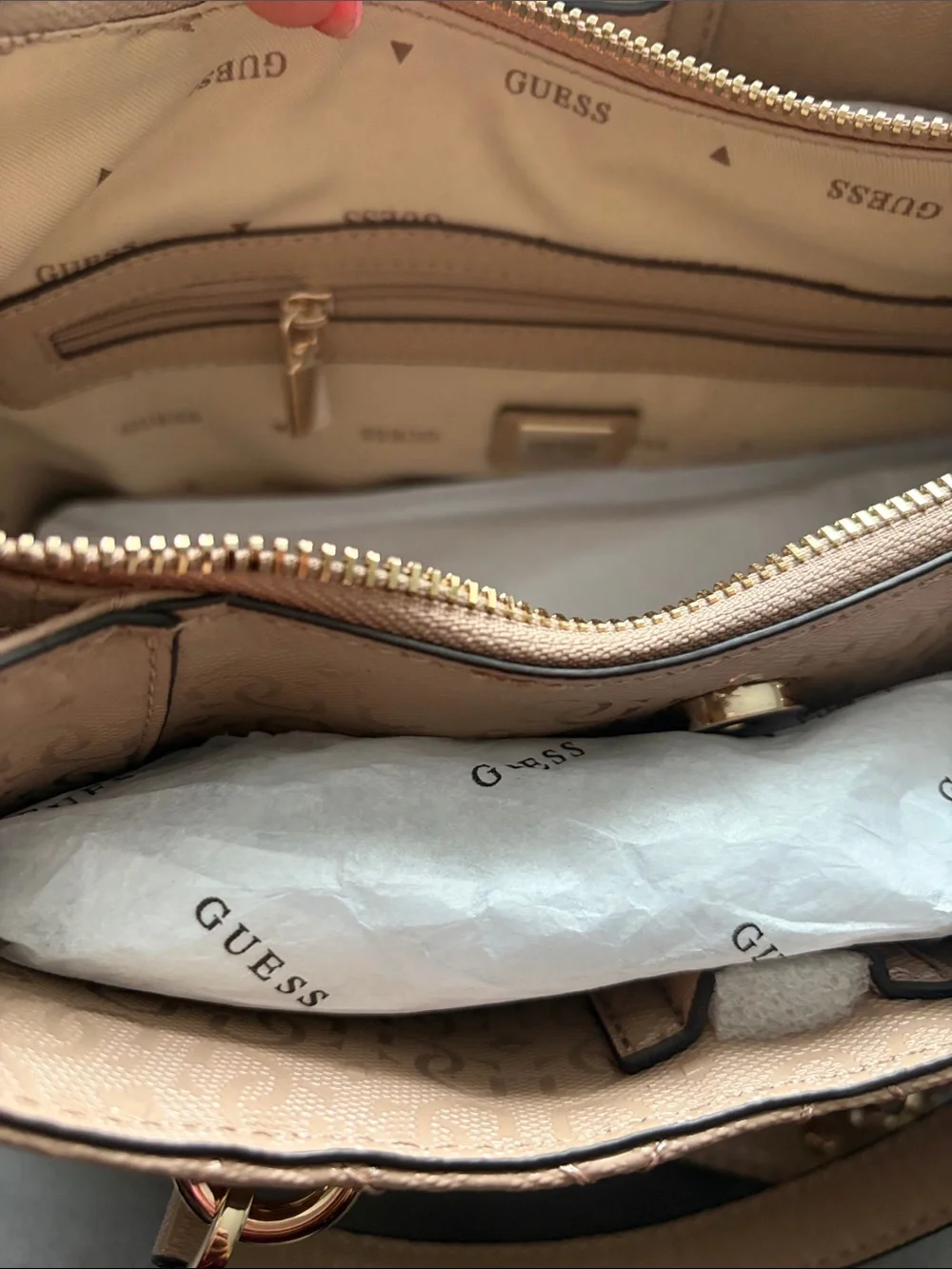 GUESS Quilted Satchel in Taupe with Gold Hardware